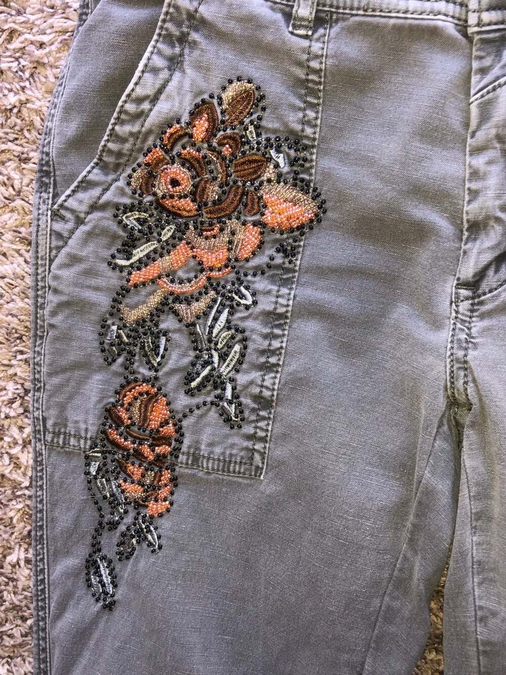 By Anthropologie The Wanderer Green Beaded Floral Pants size 26